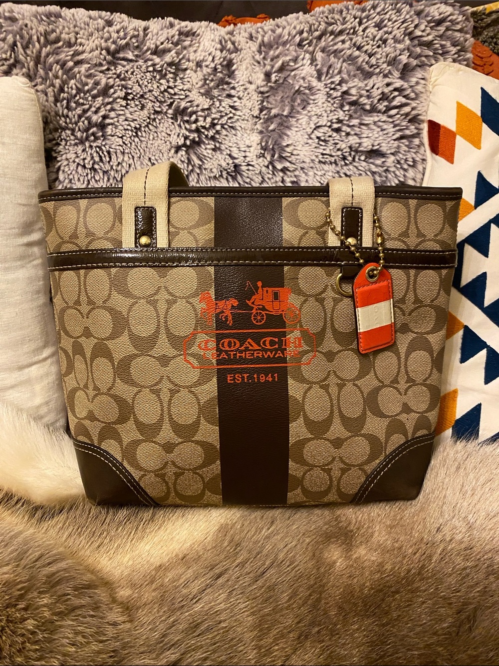 Coach Brown Signature Canvas Tote with Orange Tag